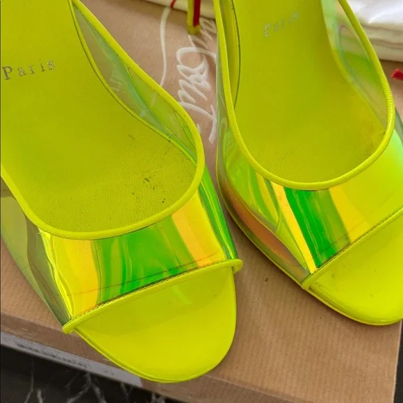 Christian Louboutin Iridescent Neon Yellow Slide Heels - Picture 2 of 7